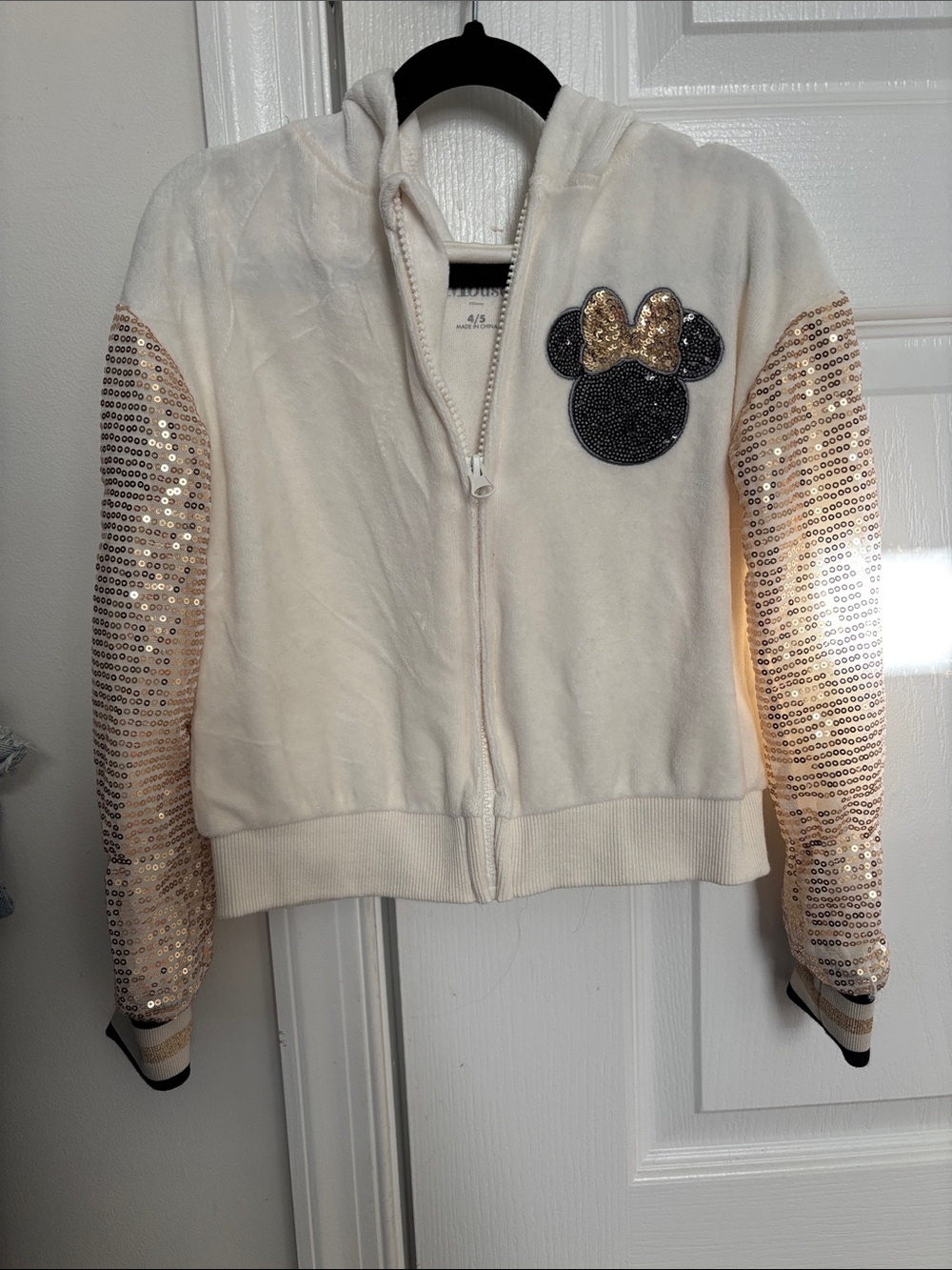 Disney Cream Hooded Jacket with Rose Gold Sequin Sleeves